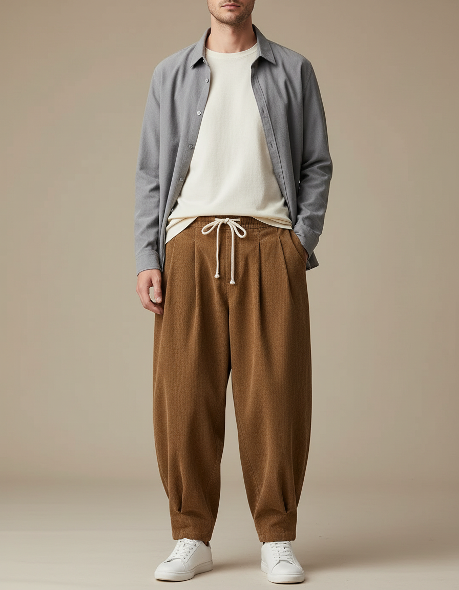 Pantalon Parachute Marron Côtelé Ample Homme Décontracté - Cordé