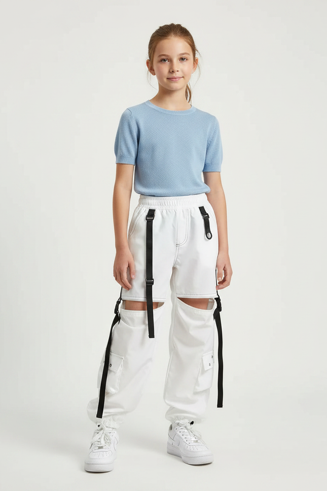 Pantalon Parachute Blanc Cargo Découpes Streetwear Fille - Polyester
