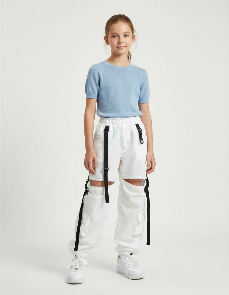 Pantalon Parachute Blanc Cargo Découpes Streetwear Fille - Polyester