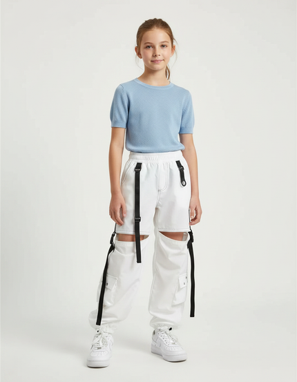 Pantalon Parachute Blanc Cargo Découpes Streetwear Fille - Polyester
