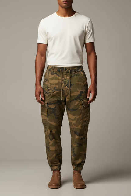 Pantalon Parachute Camouflage Cargo Ample Coton Homme - Kaki