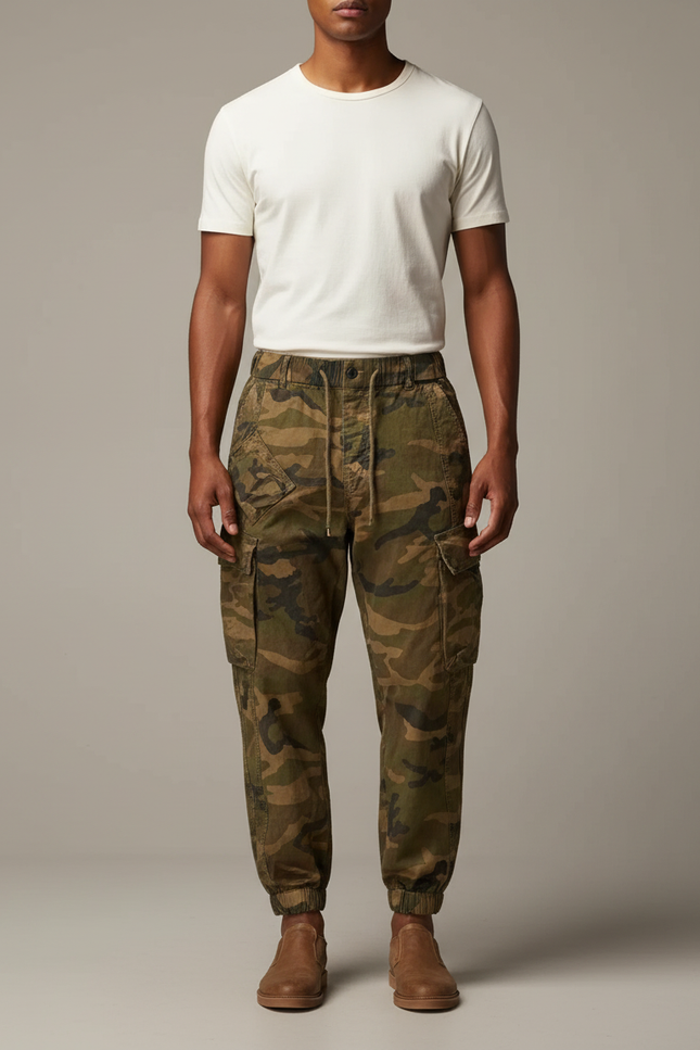 Pantalon Parachute Camouflage Cargo Ample Coton Homme - Kaki