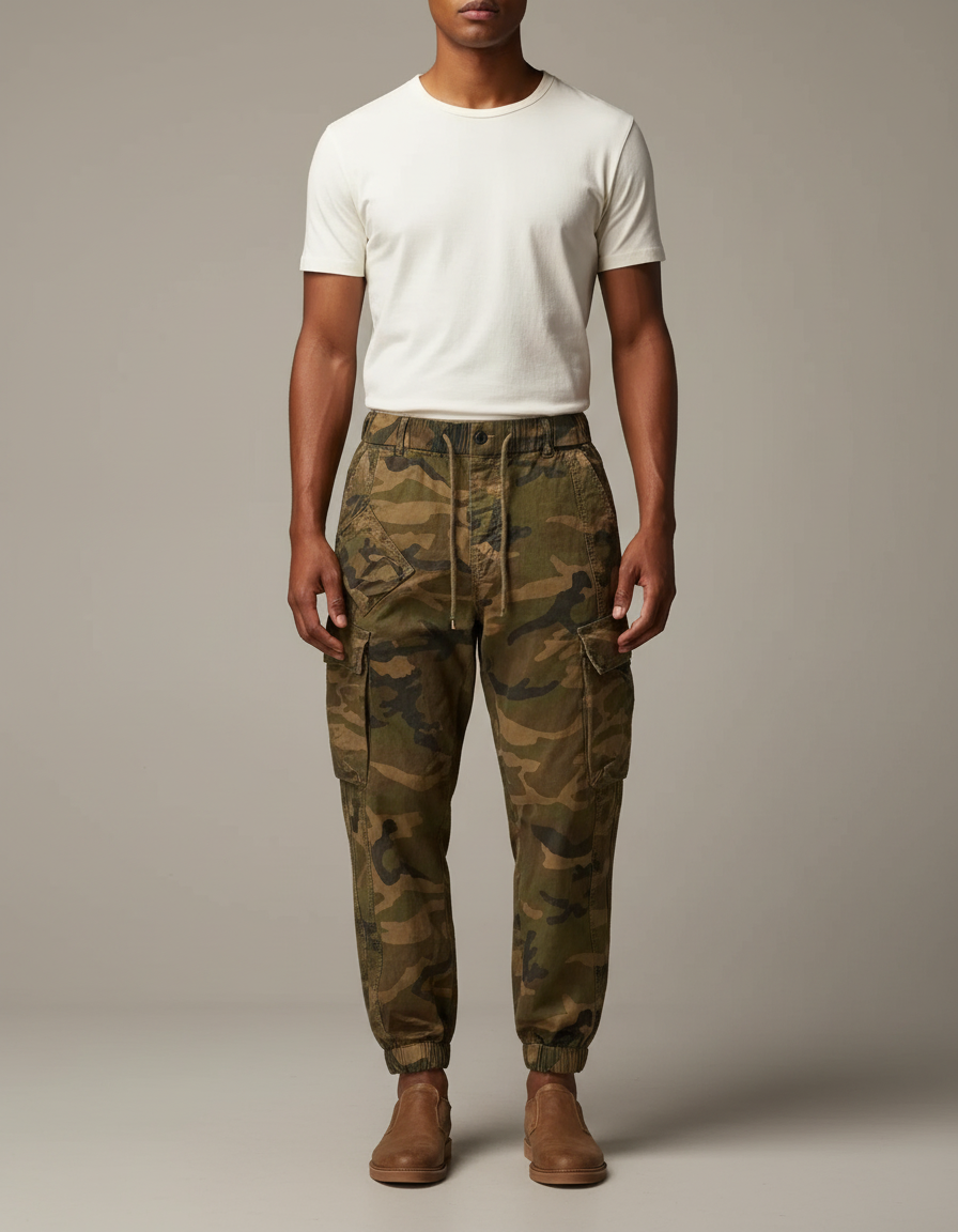 Pantalon Parachute Camouflage Cargo Ample Coton Homme - Kaki