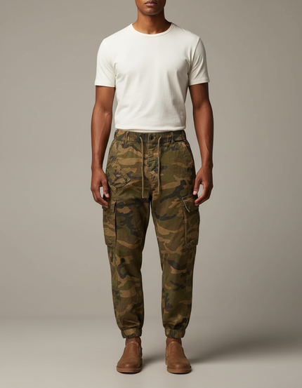 Pantalon Parachute Camouflage Cargo Ample Coton Homme - Kaki