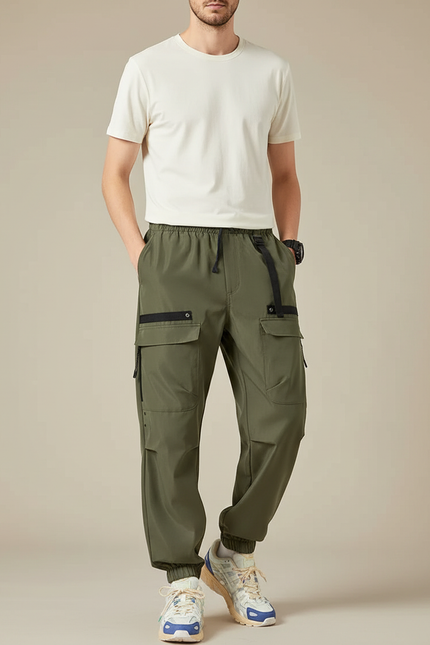 Pantalon Parachute Kaki Cargo Multi-poches Homme - Polyester