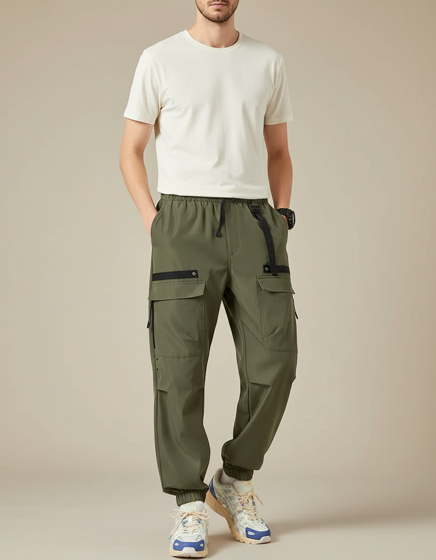 Pantalon Parachute Kaki Cargo Multi-poches Homme - Polyester