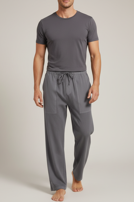 Pantalon Parachute Gris Ample Coton Lin Homme Cordon
