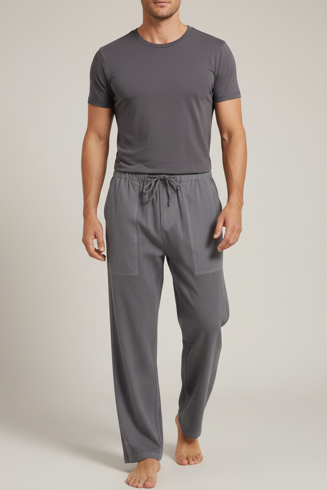 Pantalon Parachute Gris Ample Coton Lin Homme Cordon
