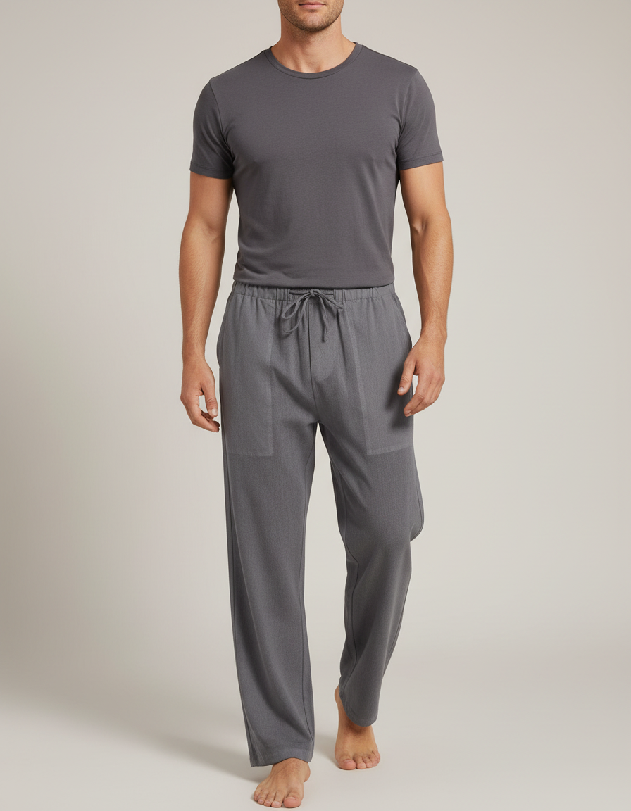 Pantalon Parachute Gris Ample Coton Lin Homme Cordon