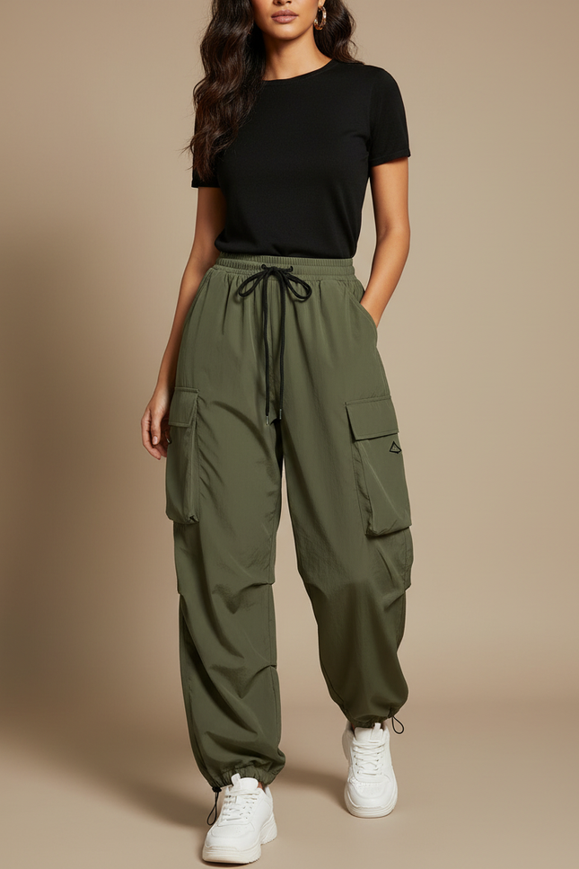 Pantalon Parachute Vert Ample Cargo Femme Cordon - Kaki Polyester