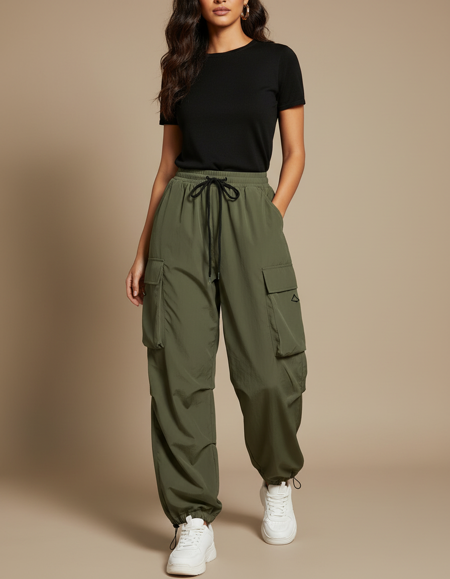 Pantalon Parachute Vert Ample Cargo Femme Cordon - Kaki Polyester