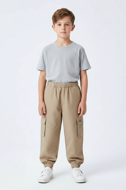 Pantalon Parachute Kaki Ample Cargo Garçon Sport - Polyester
