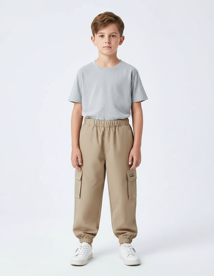Pantalon Parachute Kaki Ample Cargo Garçon Sport - Polyester