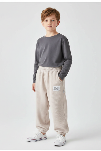 Pantalon Parachute Côtelé Beige Ample Décontracté Garçon - Cordé