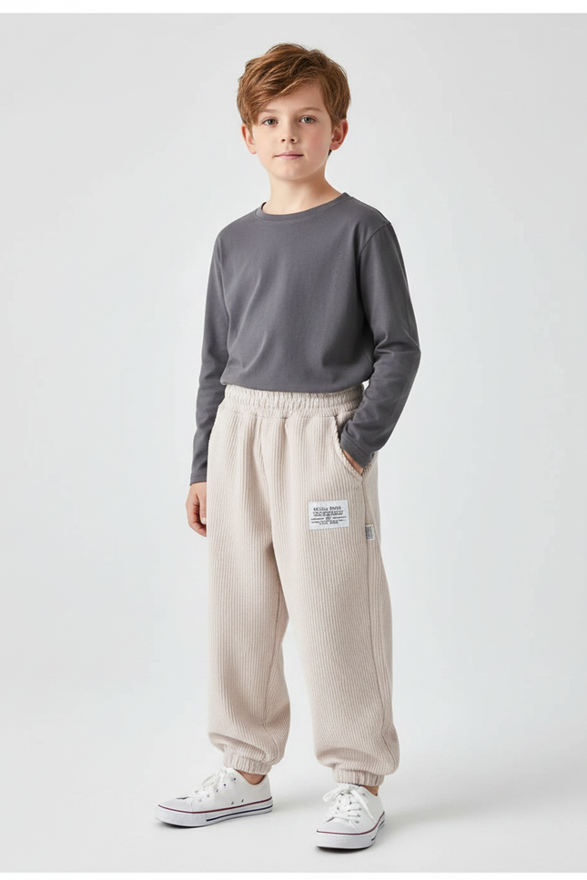 Pantalon Parachute Côtelé Beige Ample Décontracté Garçon - Cordé