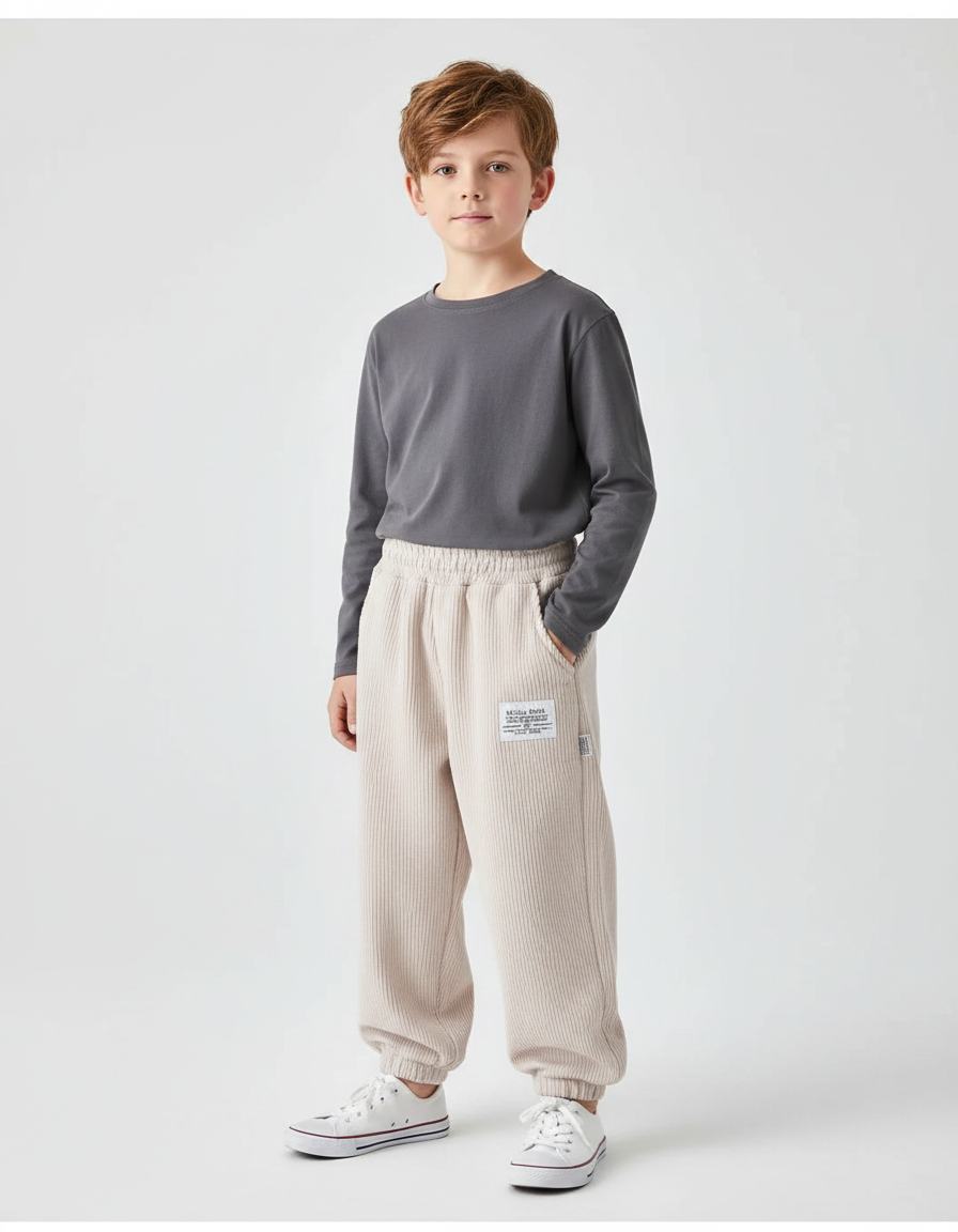 Pantalon Parachute Côtelé Beige Ample Décontracté Garçon - Cordé
