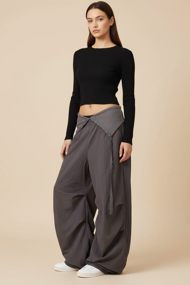Pantalon Parachute Gris Ample Décontracté Plissé - Polyester