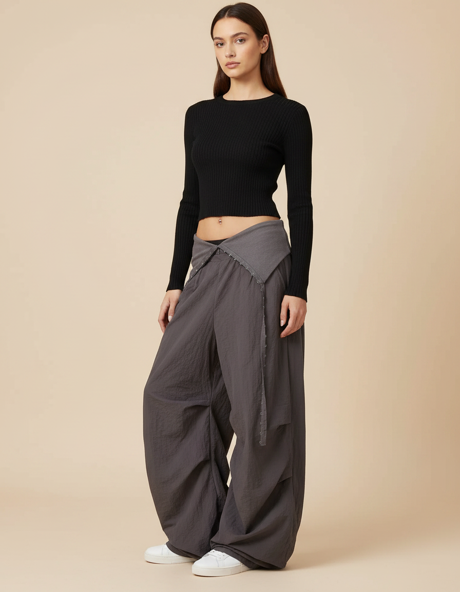 Pantalon Parachute Gris Ample Décontracté Plissé - Polyester