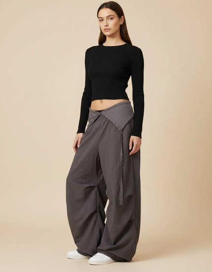 Pantalon Parachute Gris Ample Décontracté Plissé - Polyester