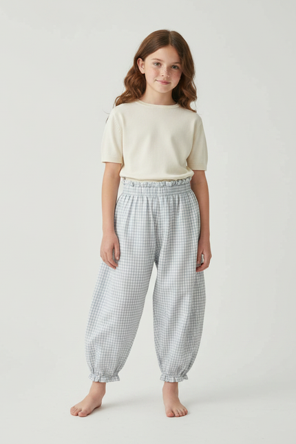 Pantalon Parachute Vichy Coton Ample Fille Froncé - Bleu