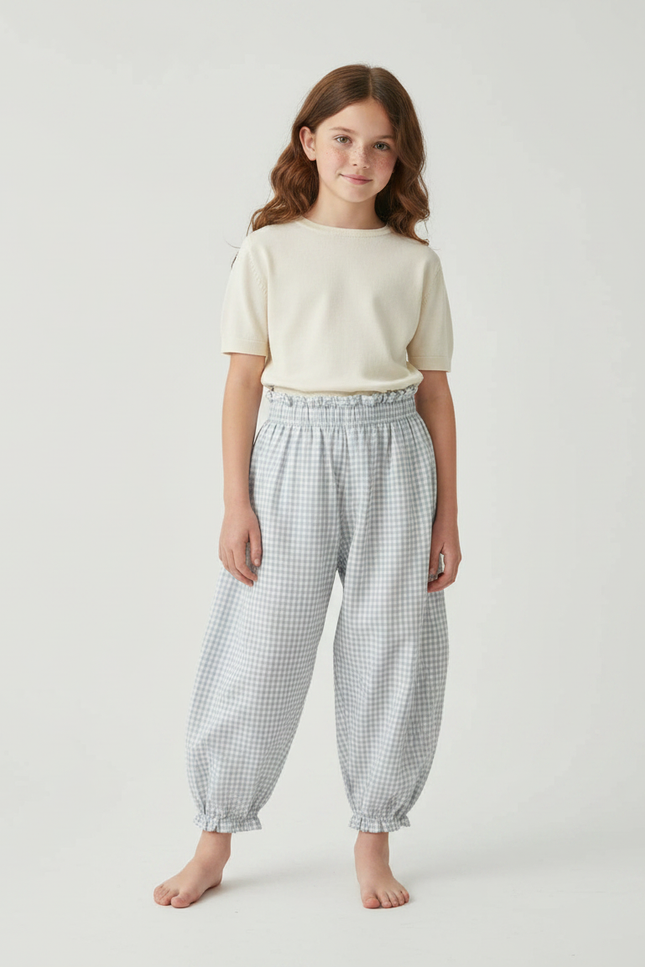 Pantalon Parachute Vichy Coton Ample Fille Froncé - Bleu