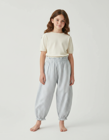 Pantalon Parachute Vichy Coton Ample Fille Froncé - Bleu