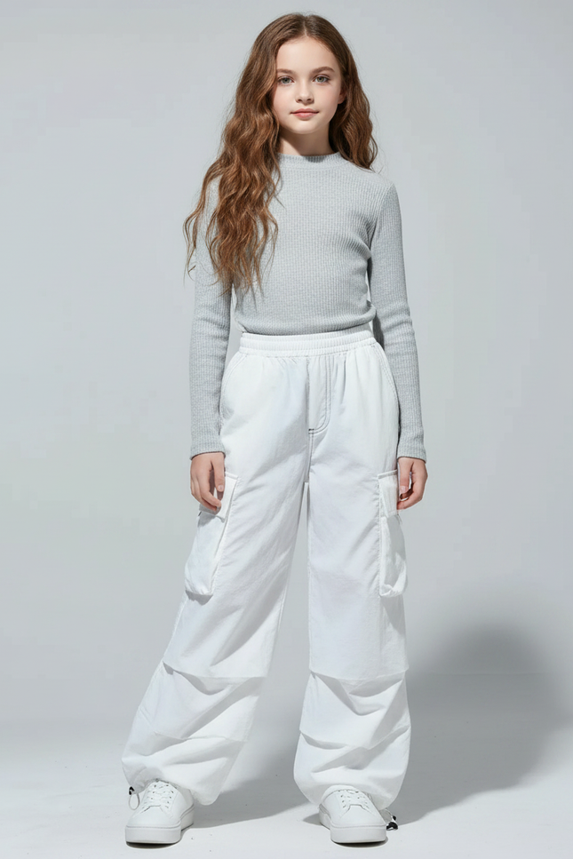 Pantalon Parachute Blanc Cargo Ample Enfant Fille - Polyester