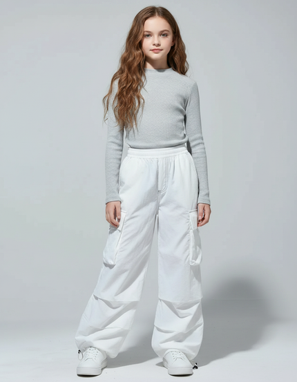 Pantalon Parachute Blanc Cargo Ample Enfant Fille - Polyester