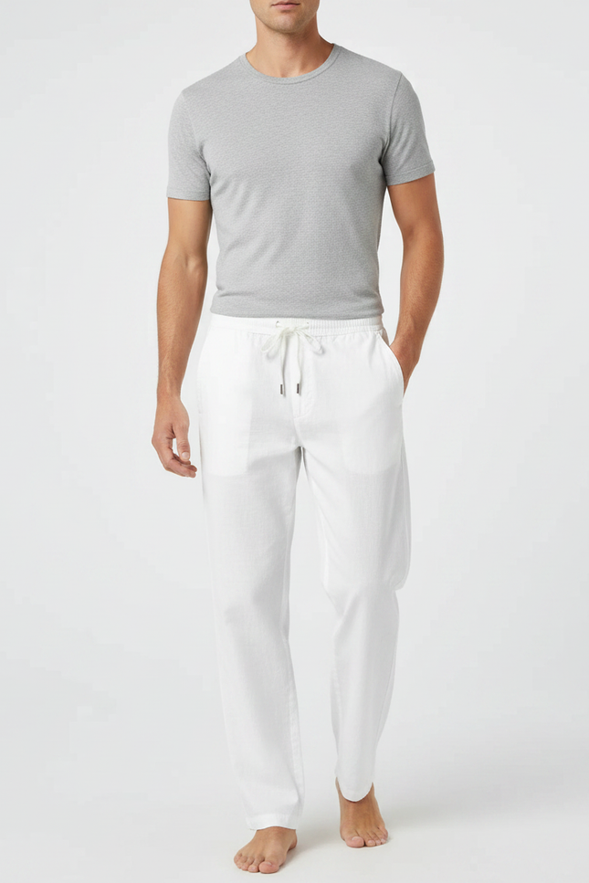 Pantalon Parachute Blanc Coton Lin Ample Décontracté Homme