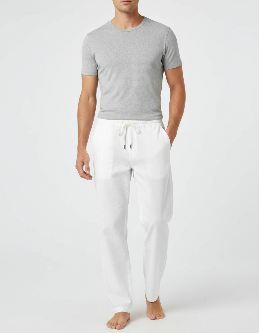 Pantalon Parachute Blanc Coton Lin Ample Décontracté Homme