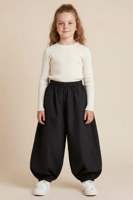 Pantalon Parachute Noir Ample Enfant Minimaliste - Polyester