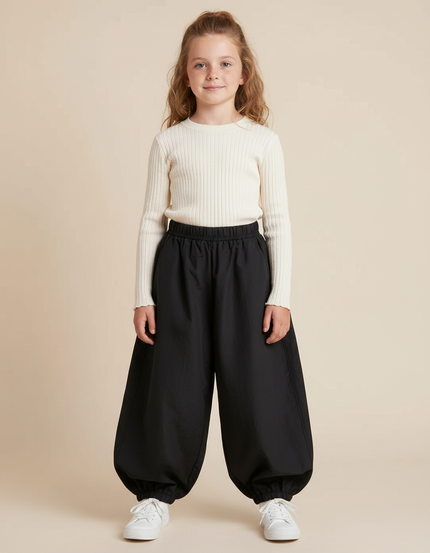 Pantalon Parachute Noir Ample Enfant Minimaliste - Polyester