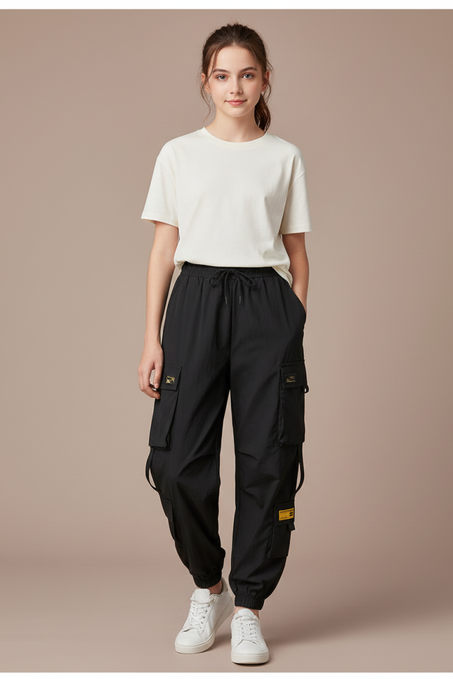 Pantalon Parachute Noir Cargo Ample Femme Coton - Polyester