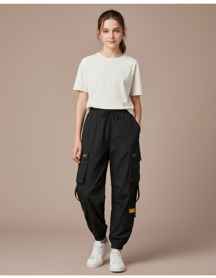 Pantalon Parachute Noir Cargo Ample Femme Coton - Polyester