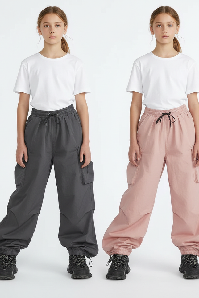 Pantalon Parachute Cargo Ample Fille Rose Gris - Polyester