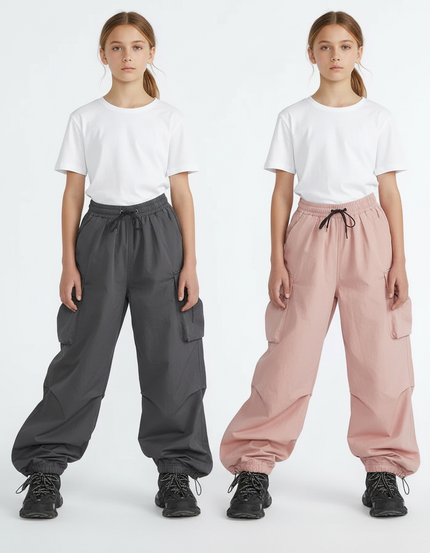 Pantalon Parachute Cargo Ample Fille Rose Gris - Polyester