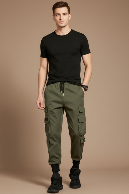 Pantalon Parachute Vert Kaki Cargo Cordon Homme - Toile