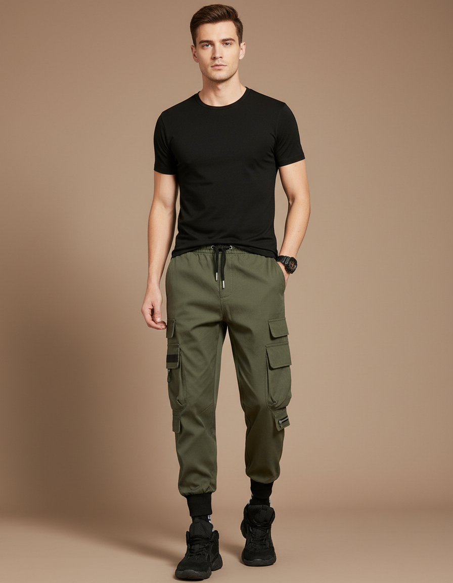 Pantalon Parachute Vert Kaki Cargo Cordon Homme - Toile
