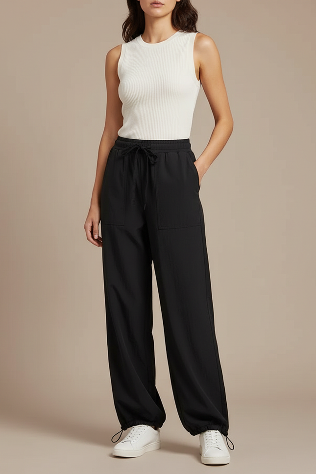 Pantalon Parachute Noir Fluide Taille Haute Cordon - Polyester