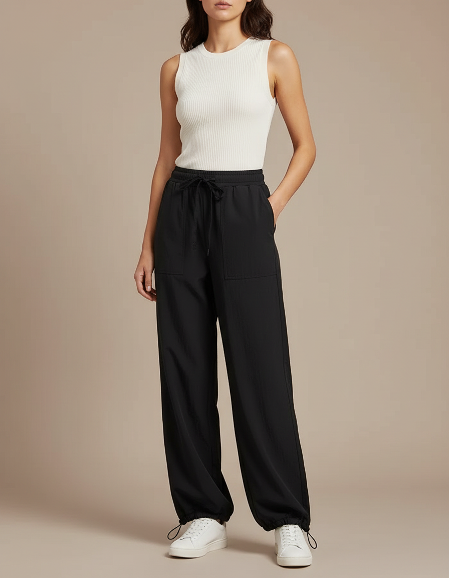Pantalon Parachute Noir Fluide Taille Haute Cordon - Polyester