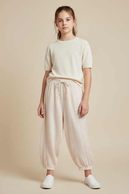 Pantalon Parachute Coton Ample Crème Enfant Doux Fluide - Beige