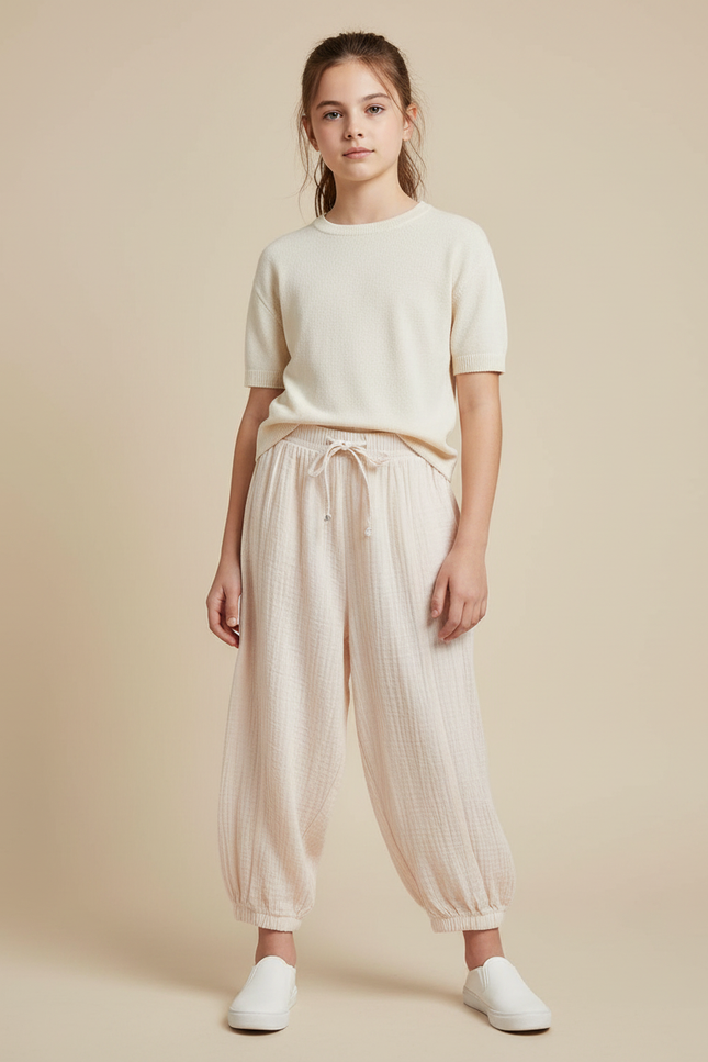 Pantalon Parachute Coton Ample Crème Enfant Doux Fluide - Beige