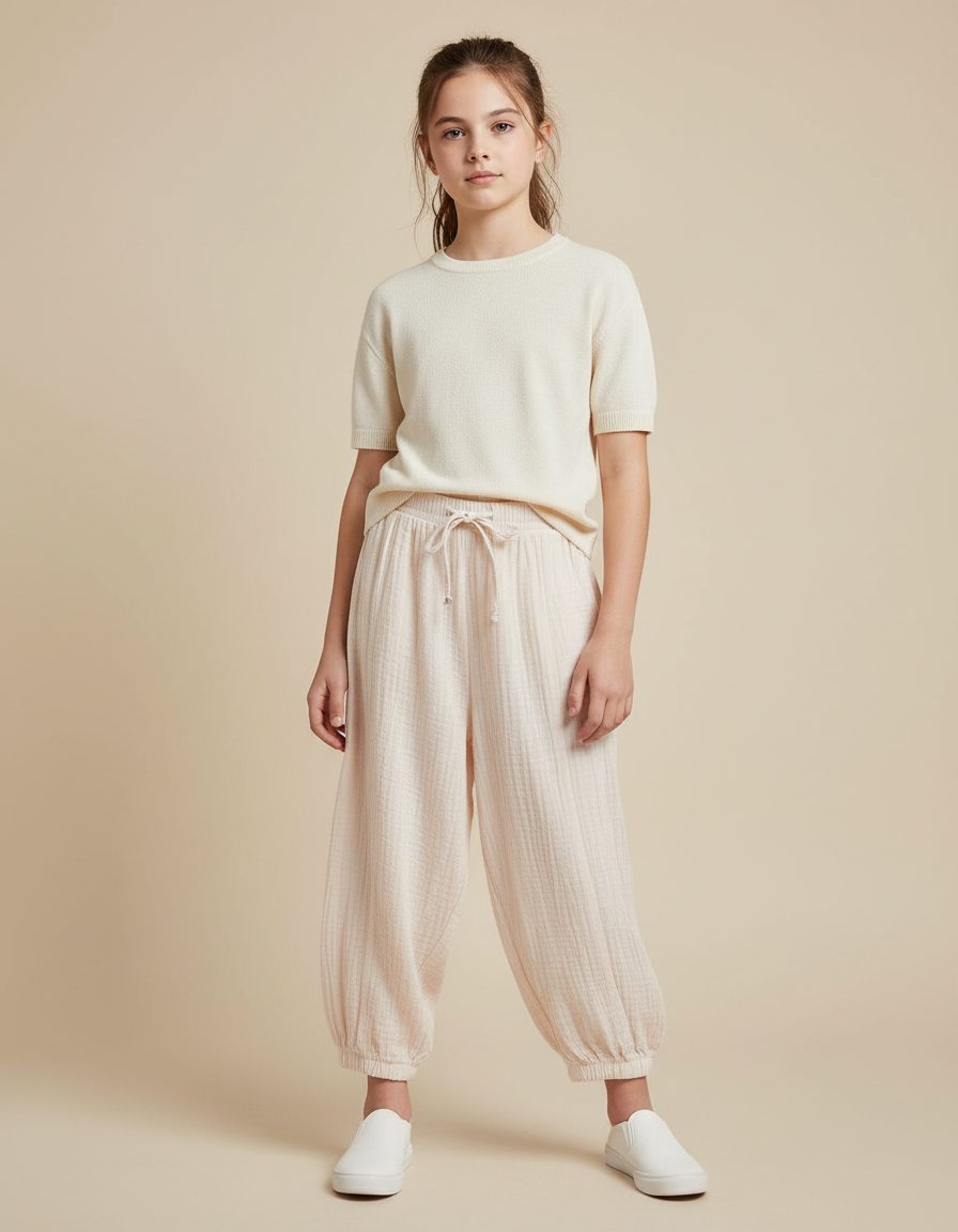 Pantalon Parachute Coton Ample Crème Enfant Doux Fluide - Beige