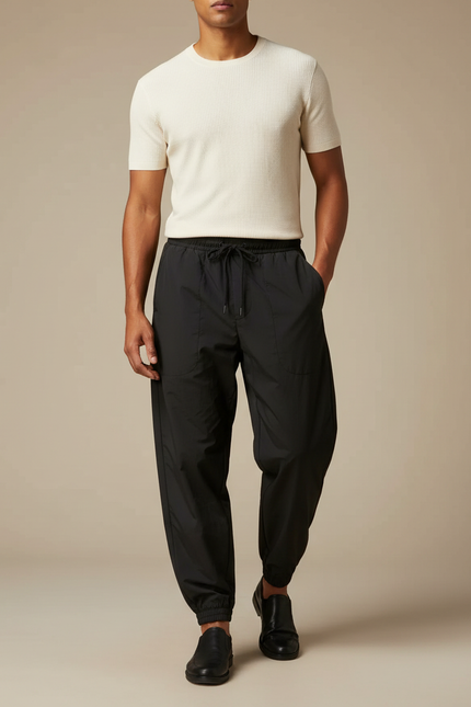 Pantalon Parachute Noir Ample Cordon Homme Casual - Polyester