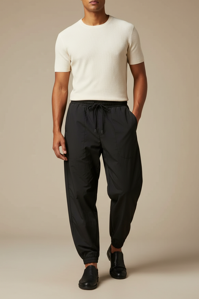 Pantalon Parachute Noir Ample Cordon Homme Casual - Polyester