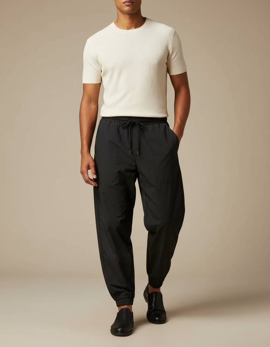 Pantalon Parachute Noir Ample Cordon Homme Casual - Polyester