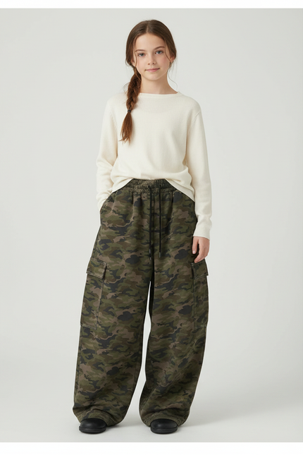 Pantalon Parachute Camouflage Ample Cargo Fille Décontracté - Kaki Molleton