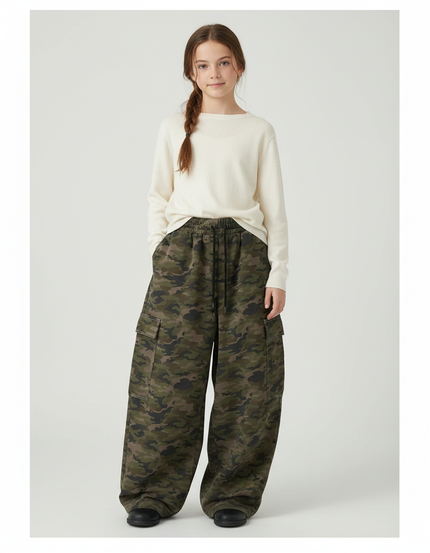 Pantalon Parachute Camouflage Ample Cargo Fille Décontracté - Kaki Molleton