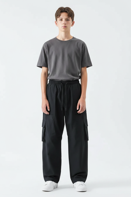 Pantalon Parachute Noir Ample Cargo Cordon Garçon - Polyester