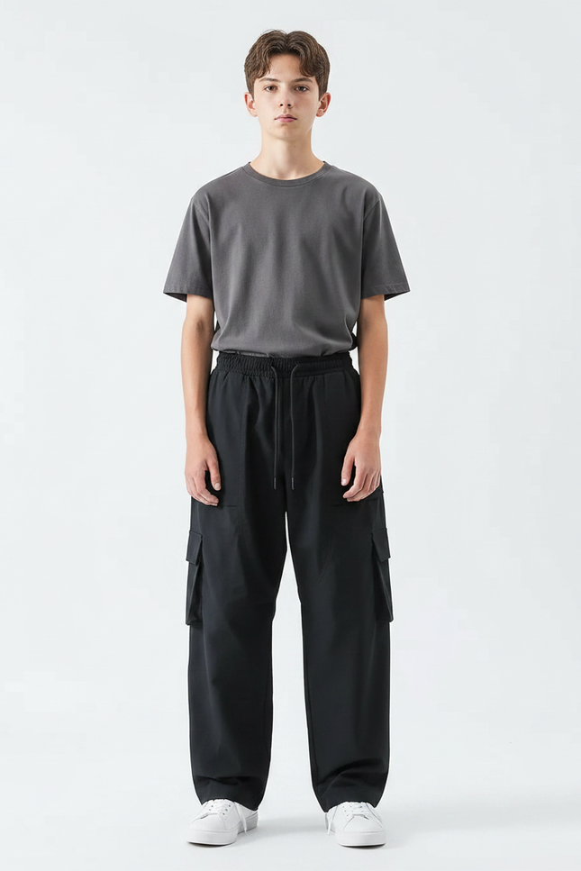 Pantalon Parachute Noir Ample Cargo Cordon Garçon - Polyester